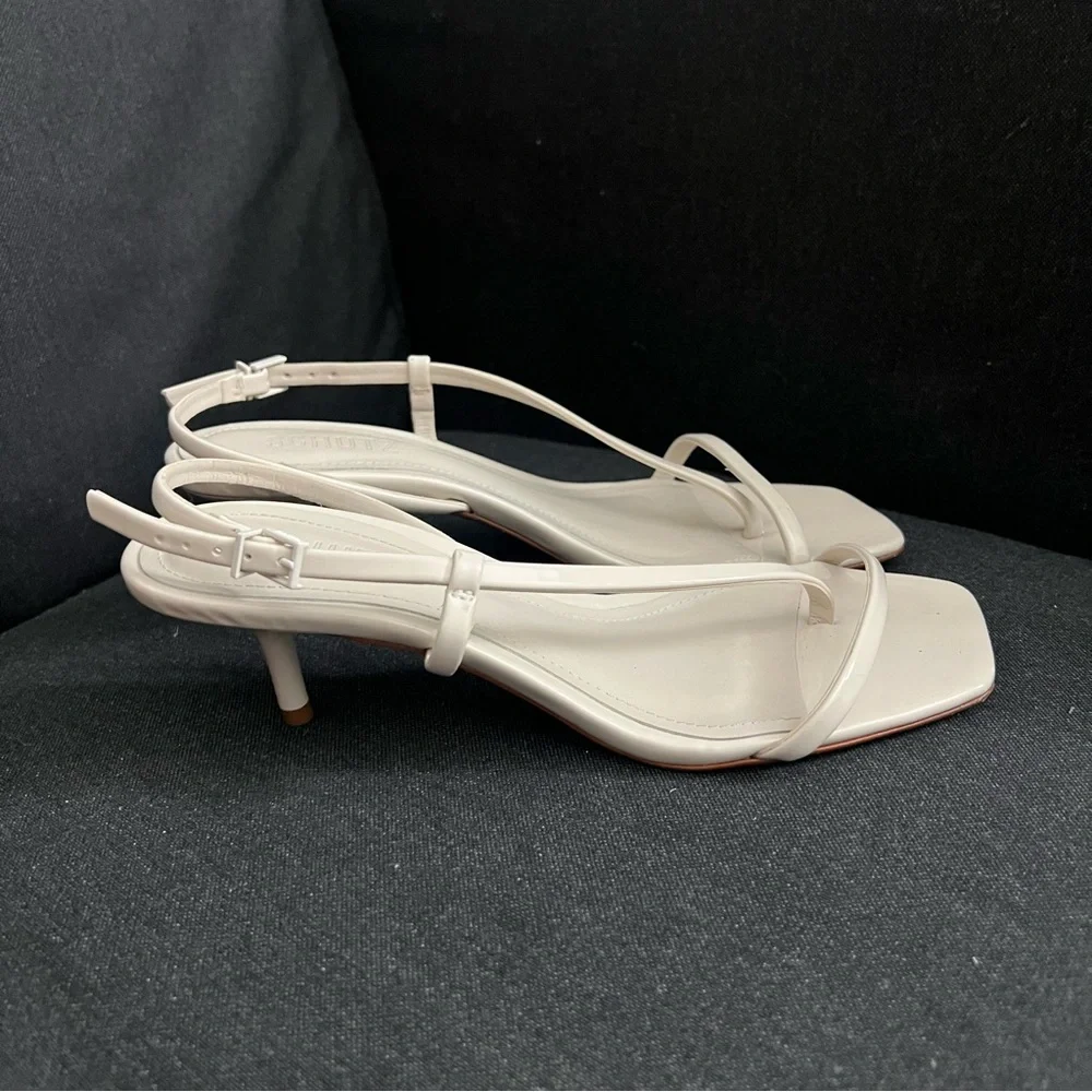 SCHUTZ Heloise Kitten Heels Neutral Strappy Sandals in Pearl